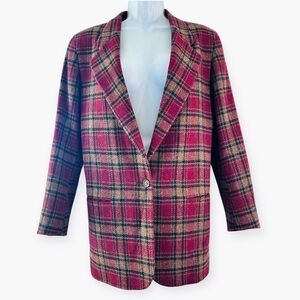 LL BEAN Vintage 80s 90s Red Plaid 100% Wool Blazer Womens 8 Classic Academia USA